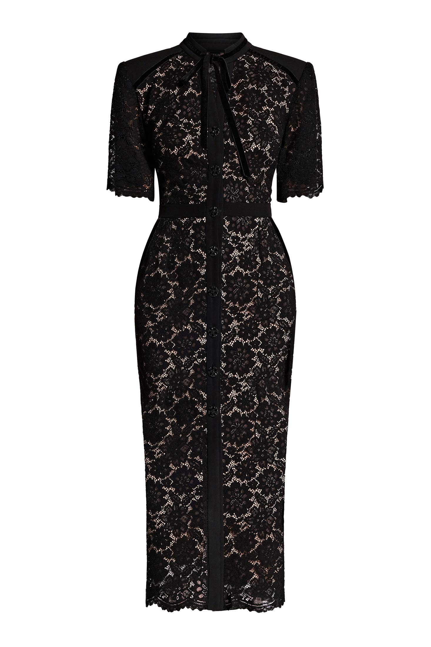 Crystal Button Guipure Midi Pencil Dress Black / L