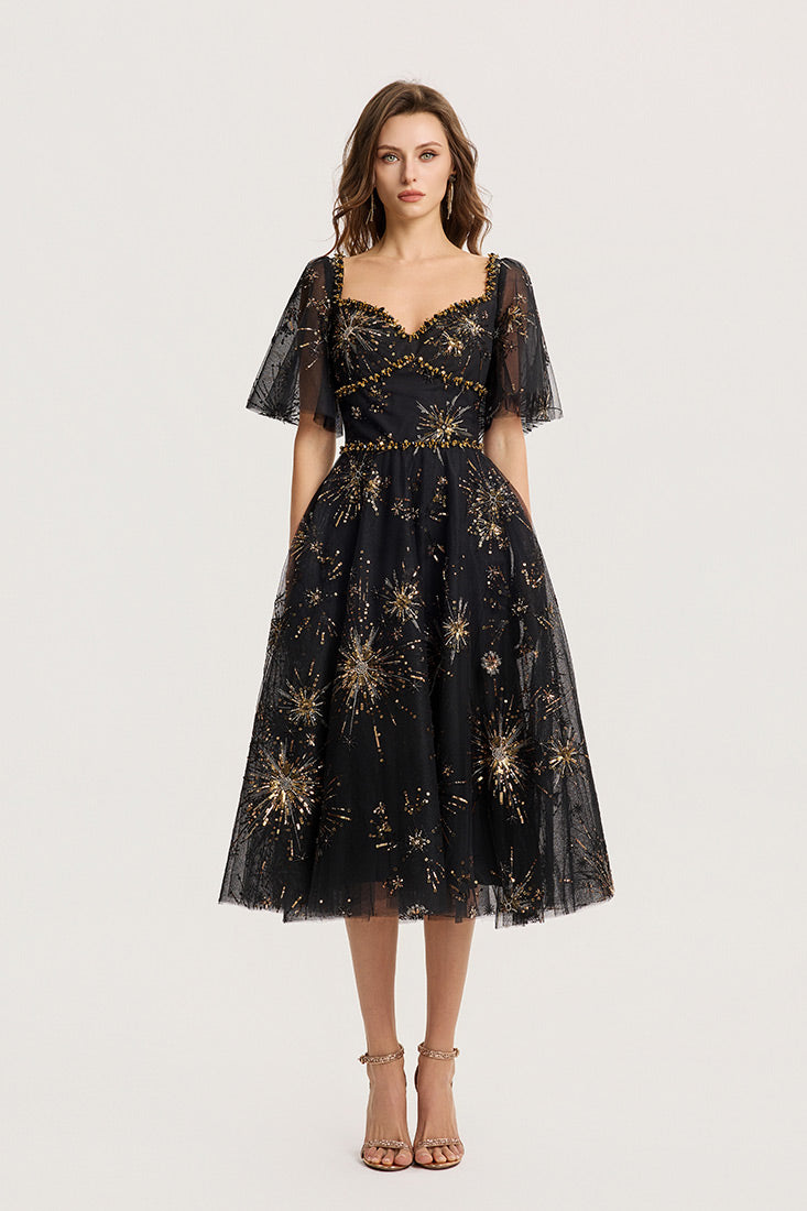 black dress purple heels Geometric Embroidery midi dress Black / S