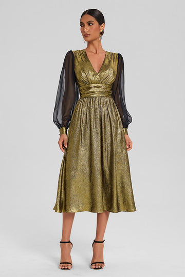 Metallic Chiffon-Sleeve Midi Dress