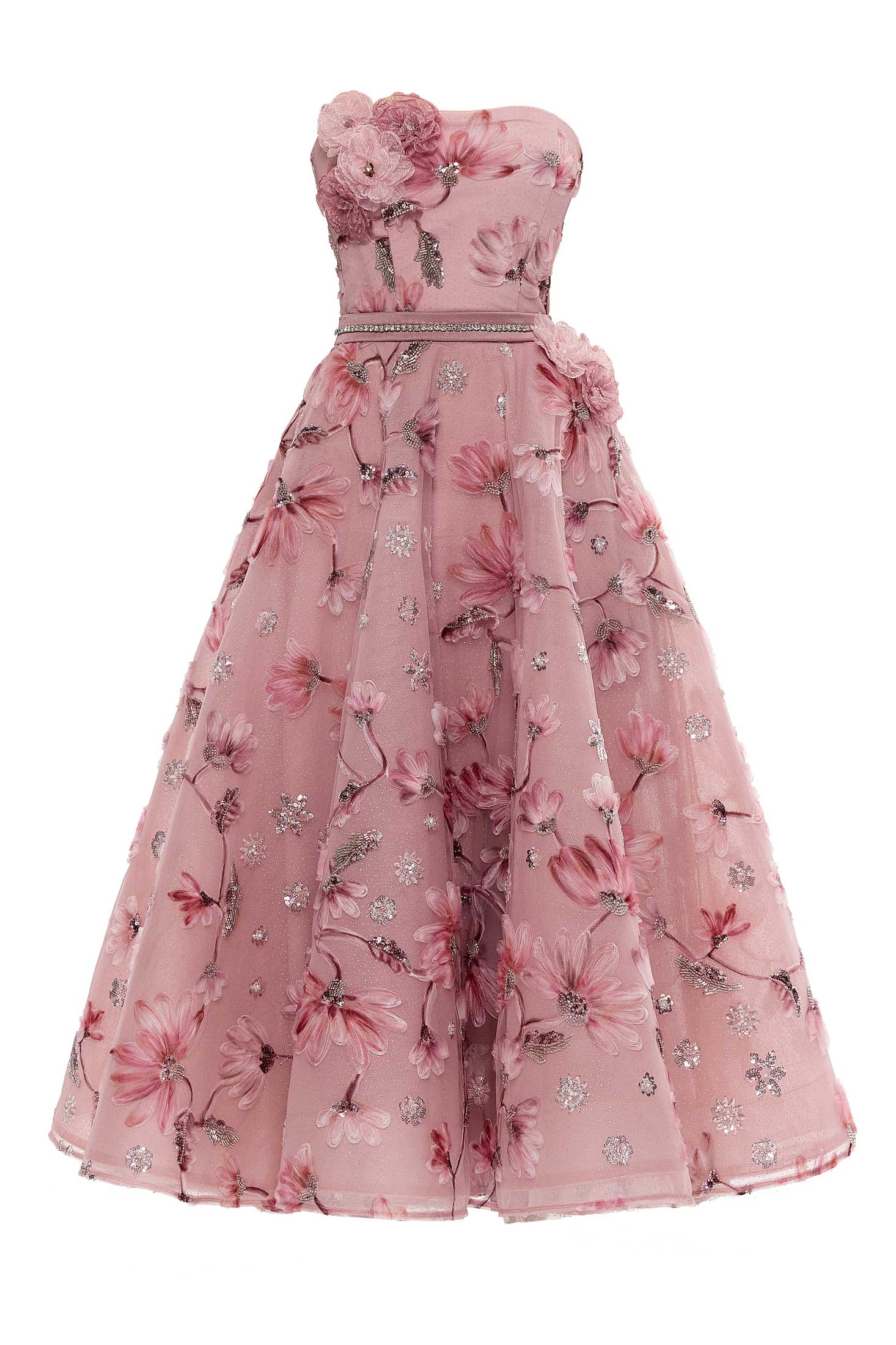 Strapless 3D Embroidered Midi Dress