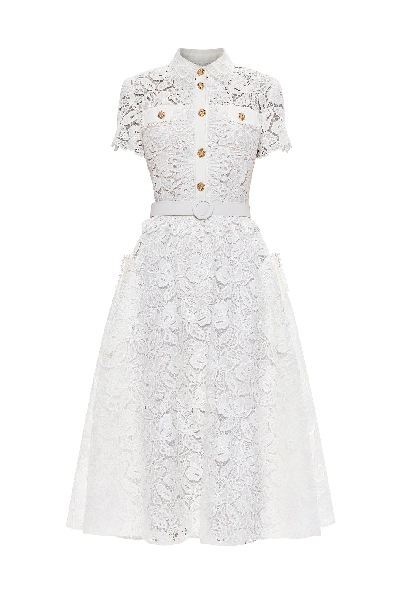 Floral Lace Midi Shirt Dress White / XS