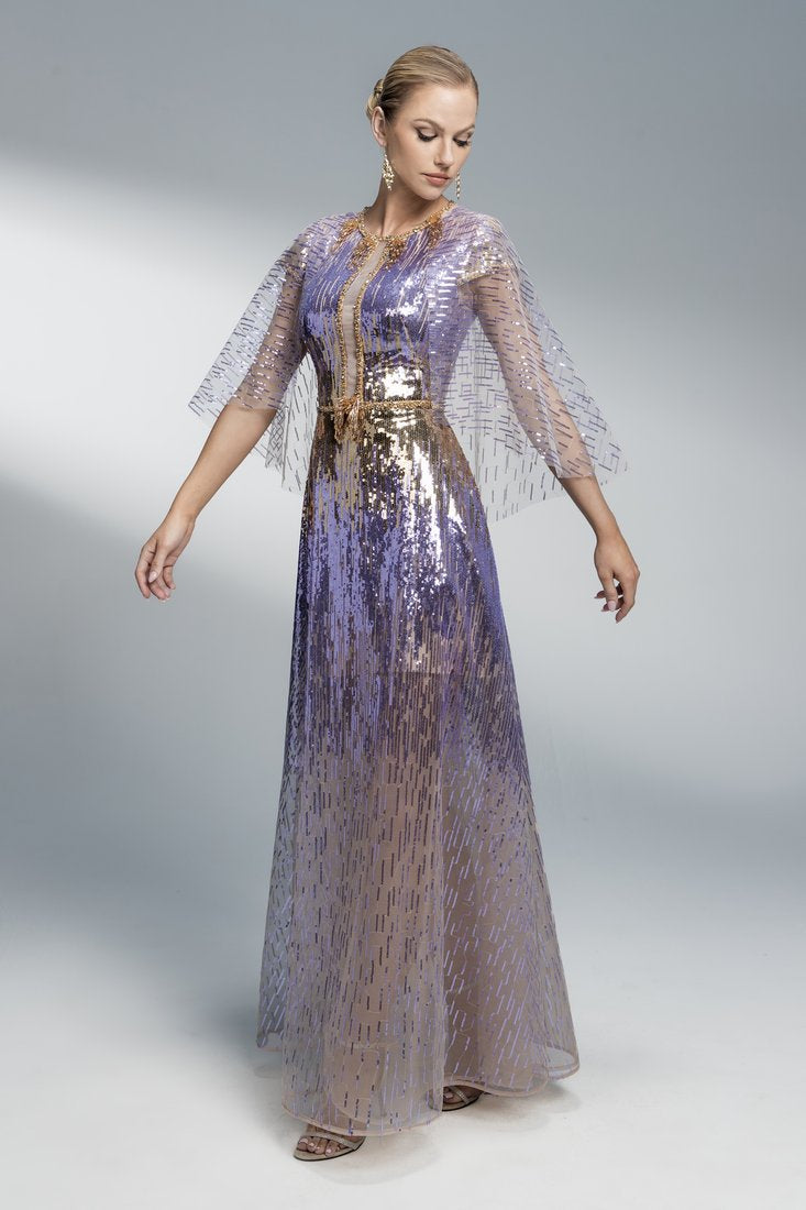 Sequin shoulder cape  long dress