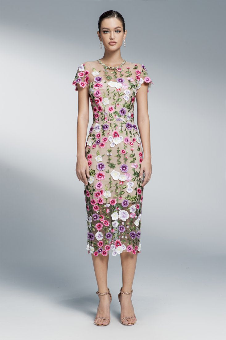 3d flower midi dress