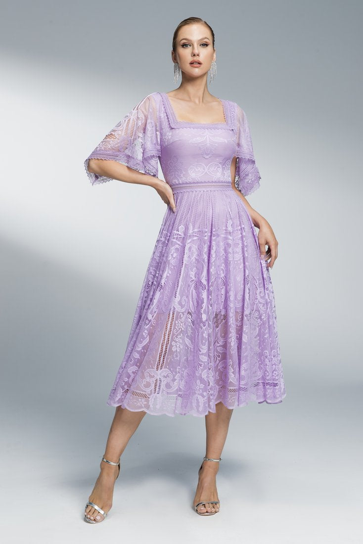 Tulle square-neck midi dress
