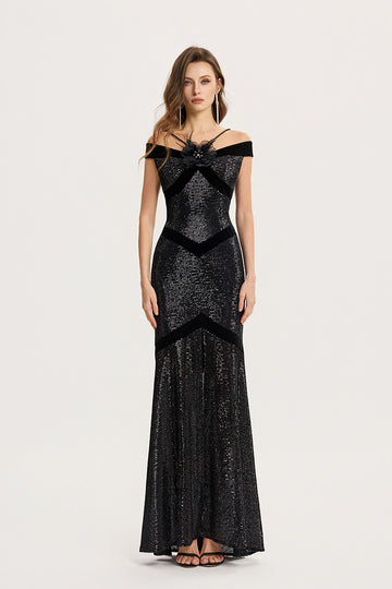 Off-Shoulder Sequin Gown with Velvet Trim