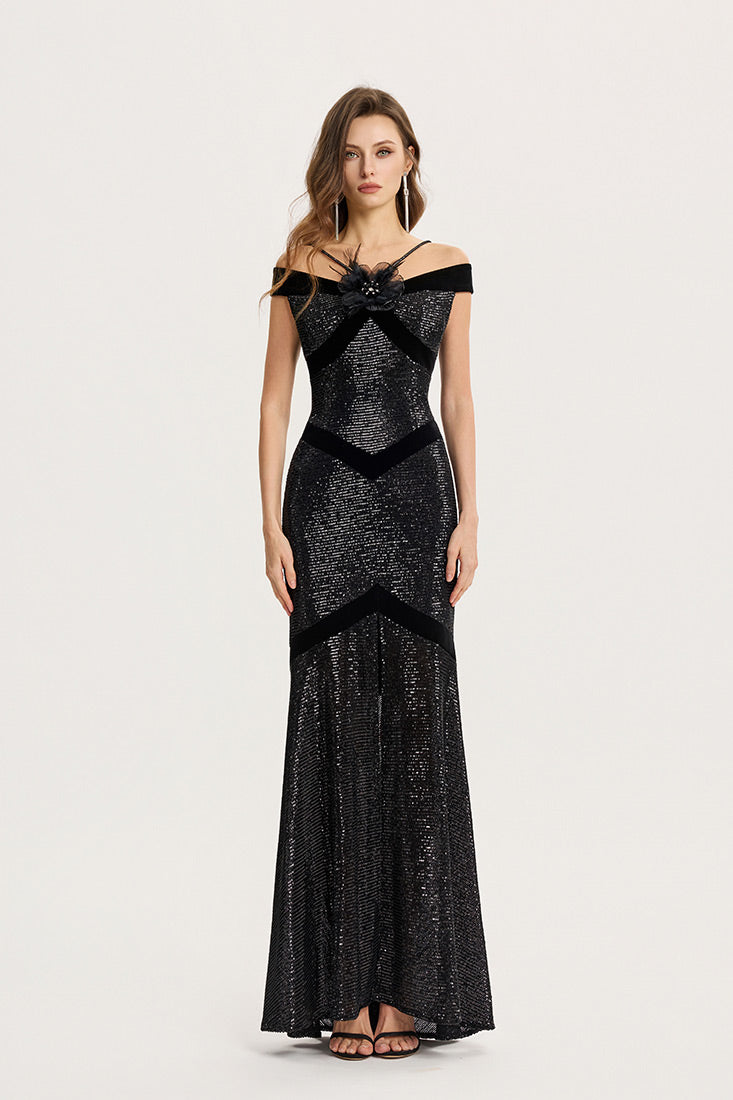 Off-Shoulder Sequin Gown with Velvet Trim