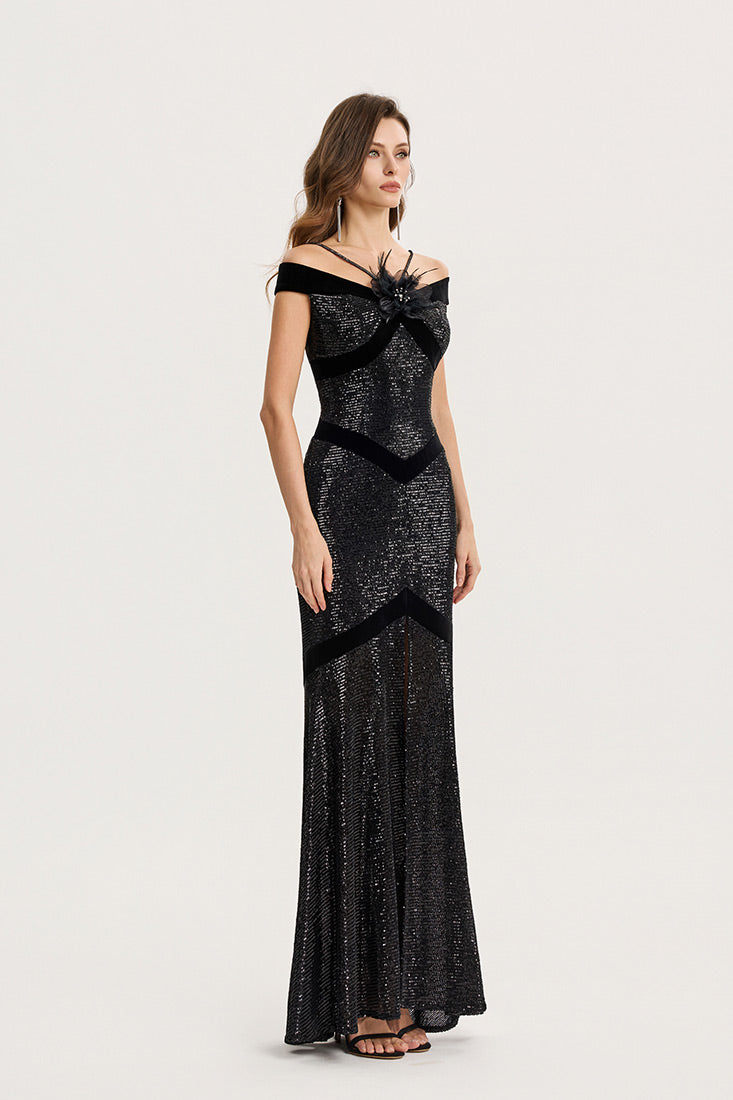 Off-Shoulder Sequin Gown with Velvet Trim