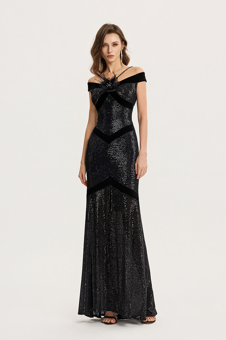 Off-Shoulder Sequin Gown with Velvet Trim