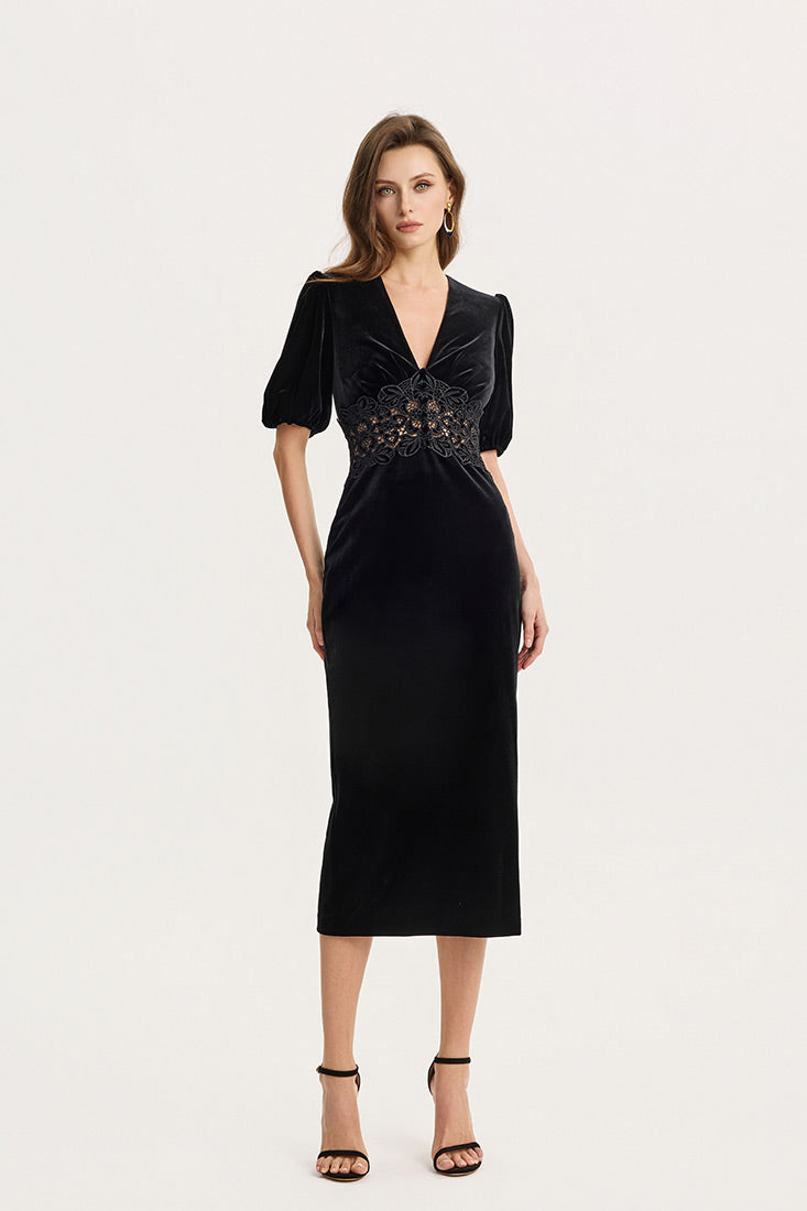 Velvet Midi Dress with Lace Detail