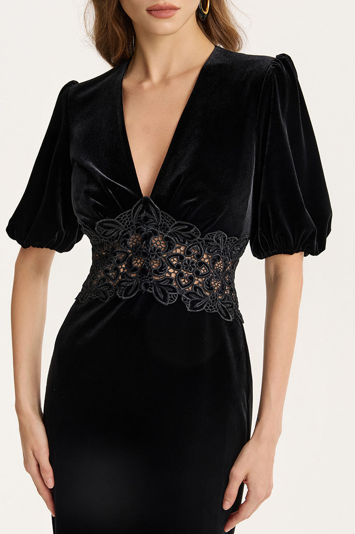 Velvet Midi Dress with Lace Detail