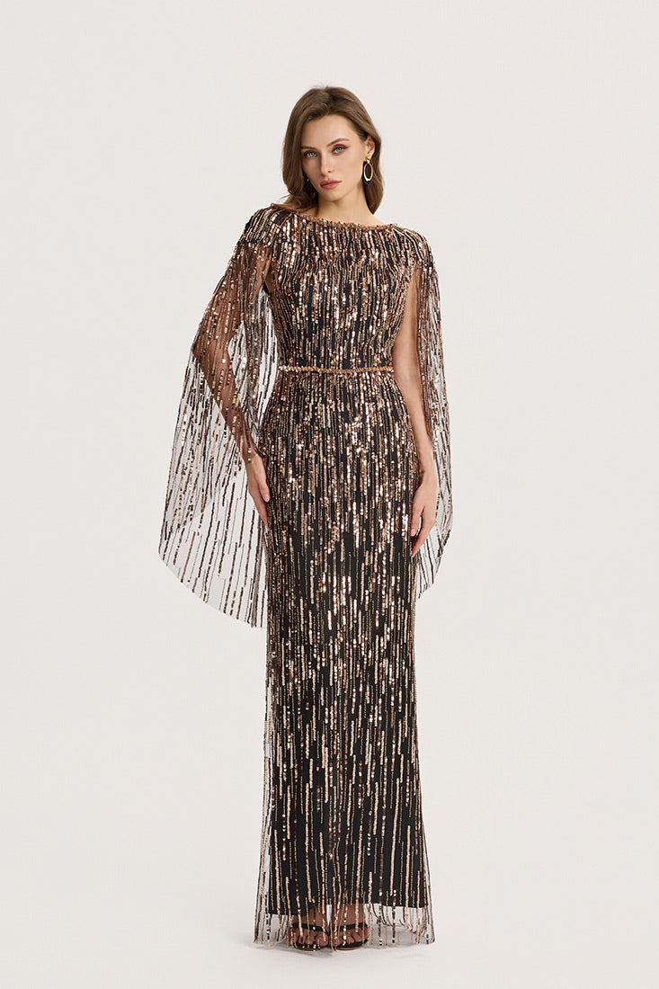 Embellished Tulle Gown with Cape Sleeves