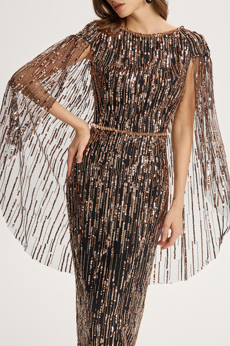 Embellished Tulle Gown with Cape Sleeves