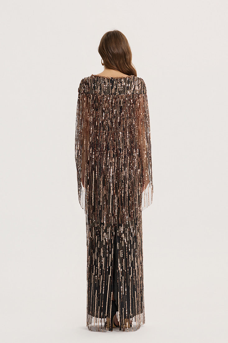 Embellished Tulle Gown with Cape Sleeves