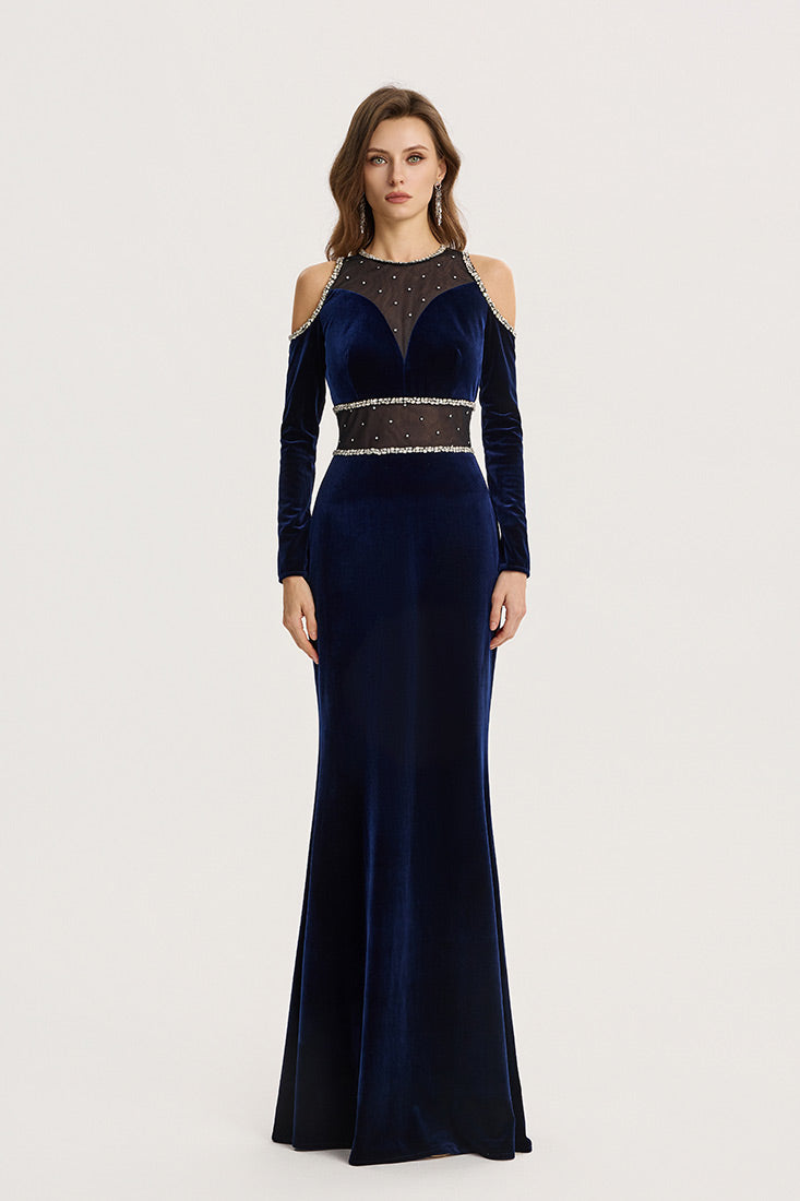 Velvet Gown with Crystal Trim & Shoulder Cutouts