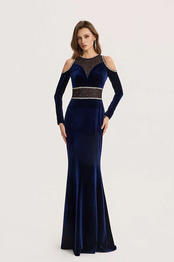 Velvet Gown with Crystal Trim & Shoulder Cutouts