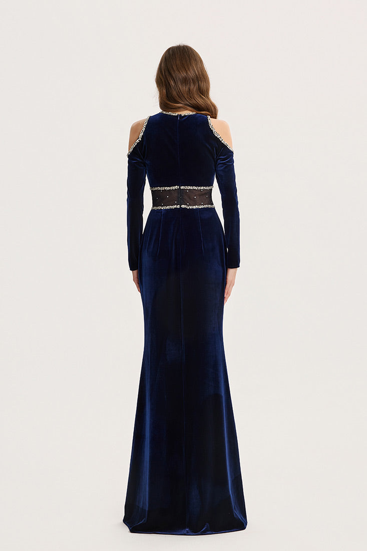 Velvet Gown with Crystal Trim & Shoulder Cutouts