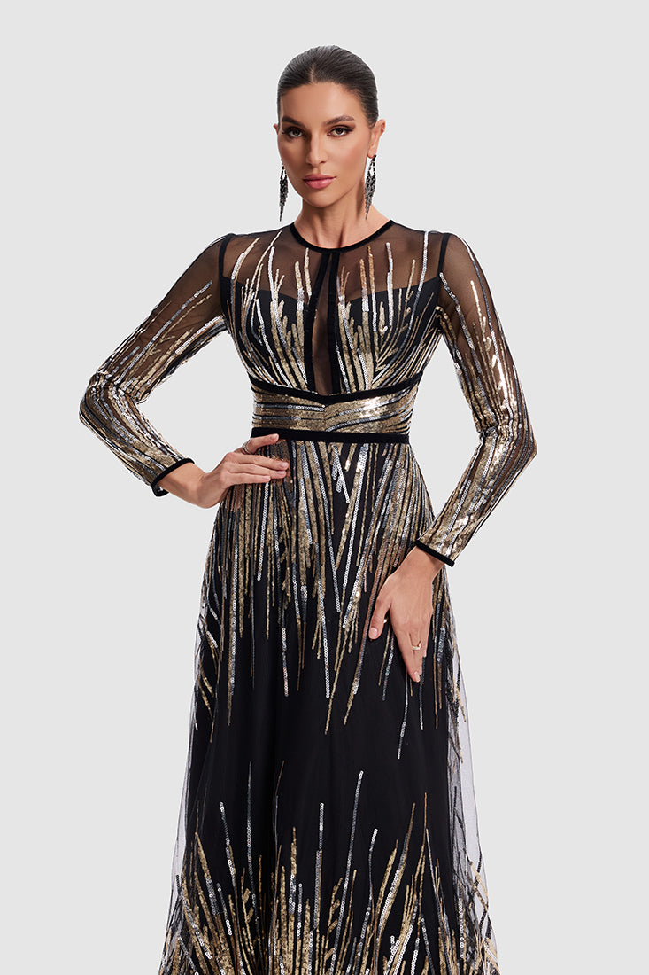 Black Gold Sequin Gown