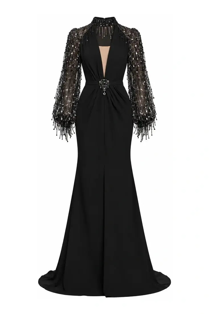 Sequin-Fringe Sleeve Evening Gown