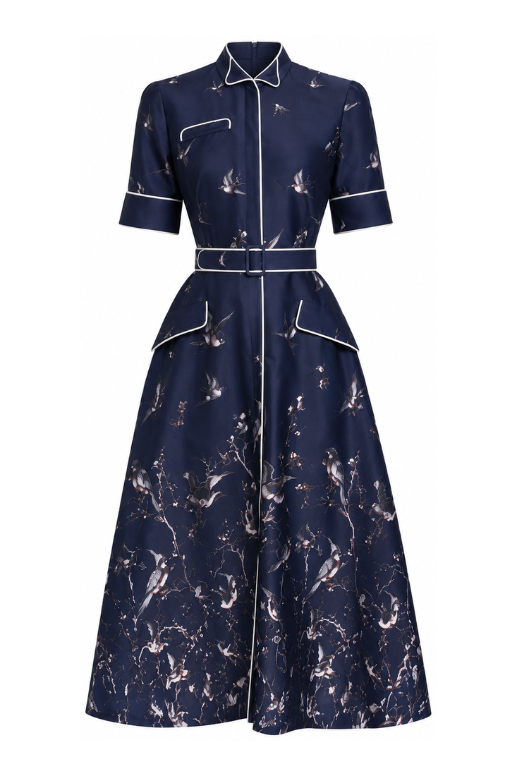 Aviary Print Belted Midi Dress