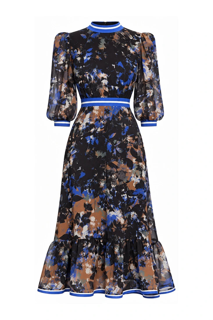 Abstract Floral Chiffon Midi Dress