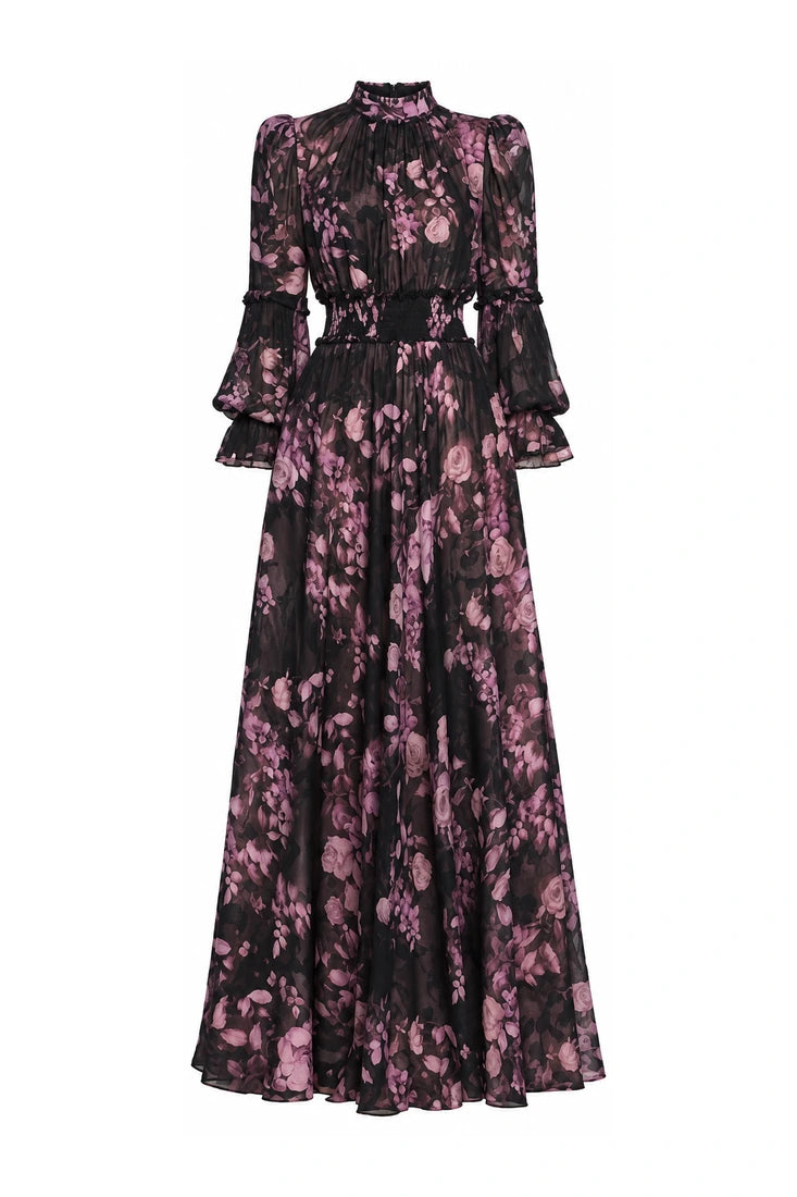High-Neck Floral Chiffon Maxi Dress