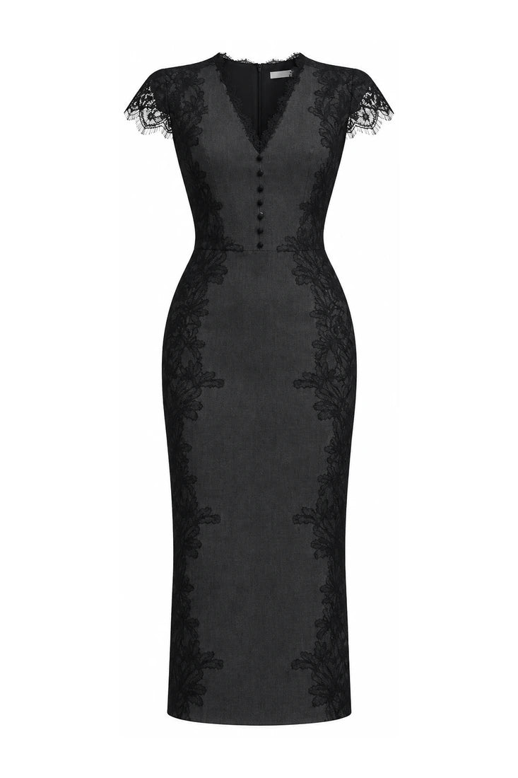 Lace-Appliqué Button-Front Midi Dress