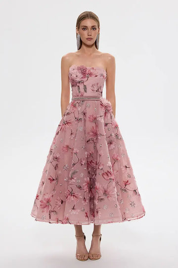 Strapless 3D Embroidered Midi Dress