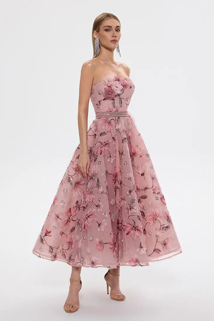 Strapless 3D Embroidered Midi Dress