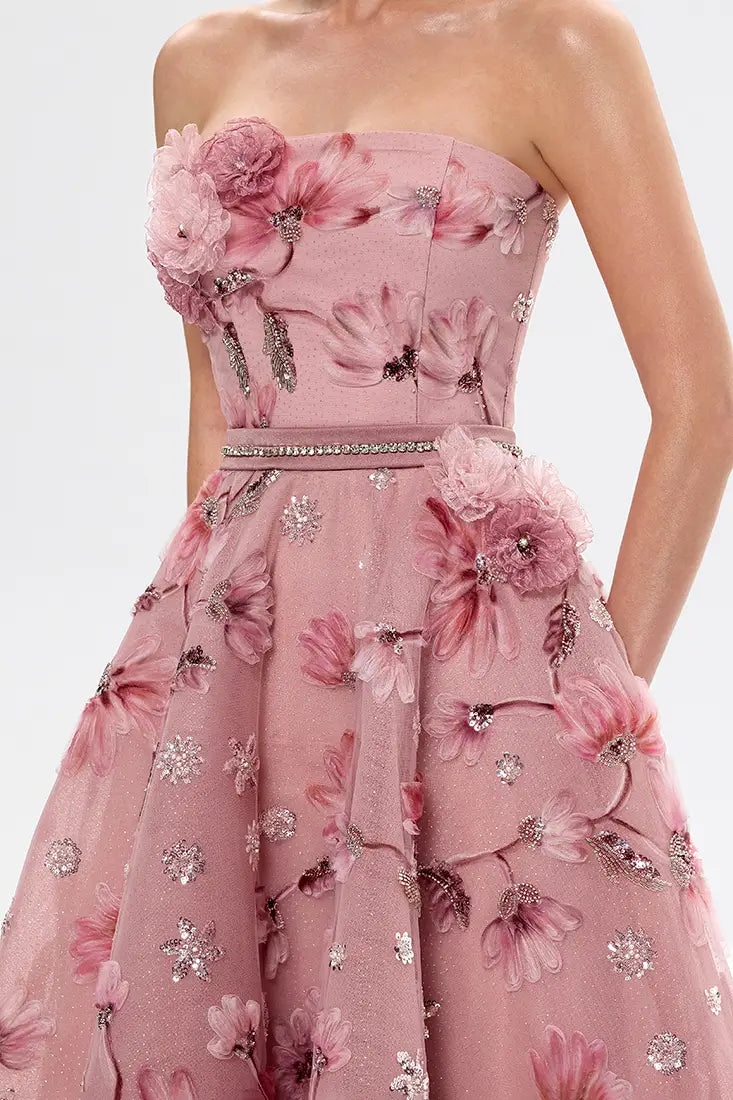 Strapless 3D Embroidered Midi Dress