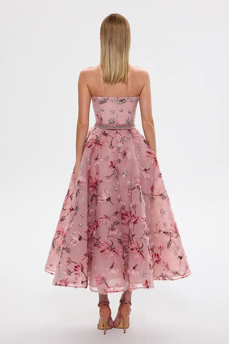 Strapless 3D Embroidered Midi Dress