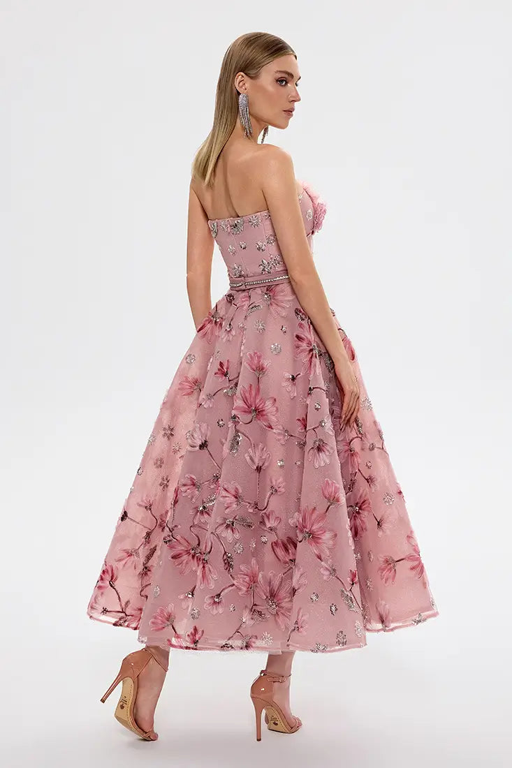 Strapless 3D Embroidered Midi Dress