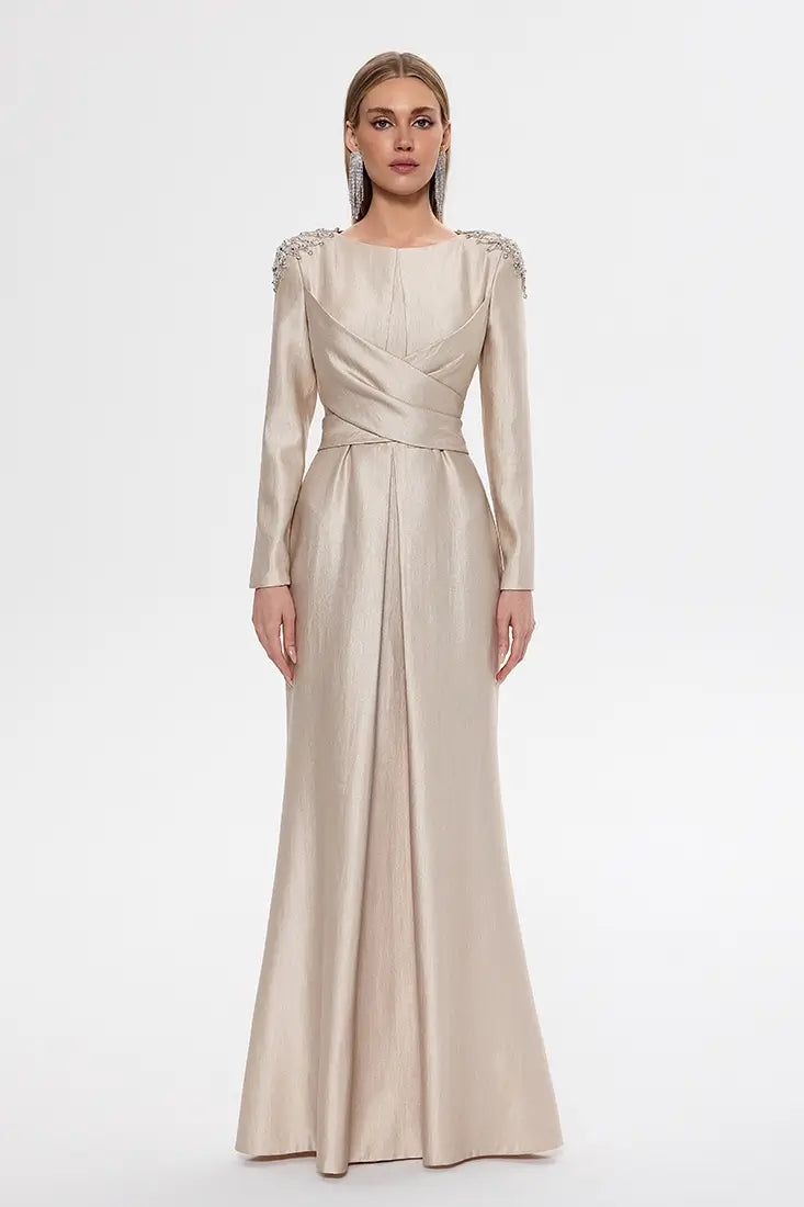 Crystal-Embellished Pearlescent Maxi Gown