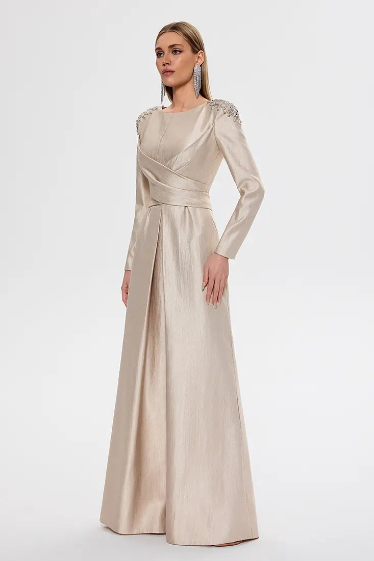 Crystal-Embellished Pearlescent Maxi Gown