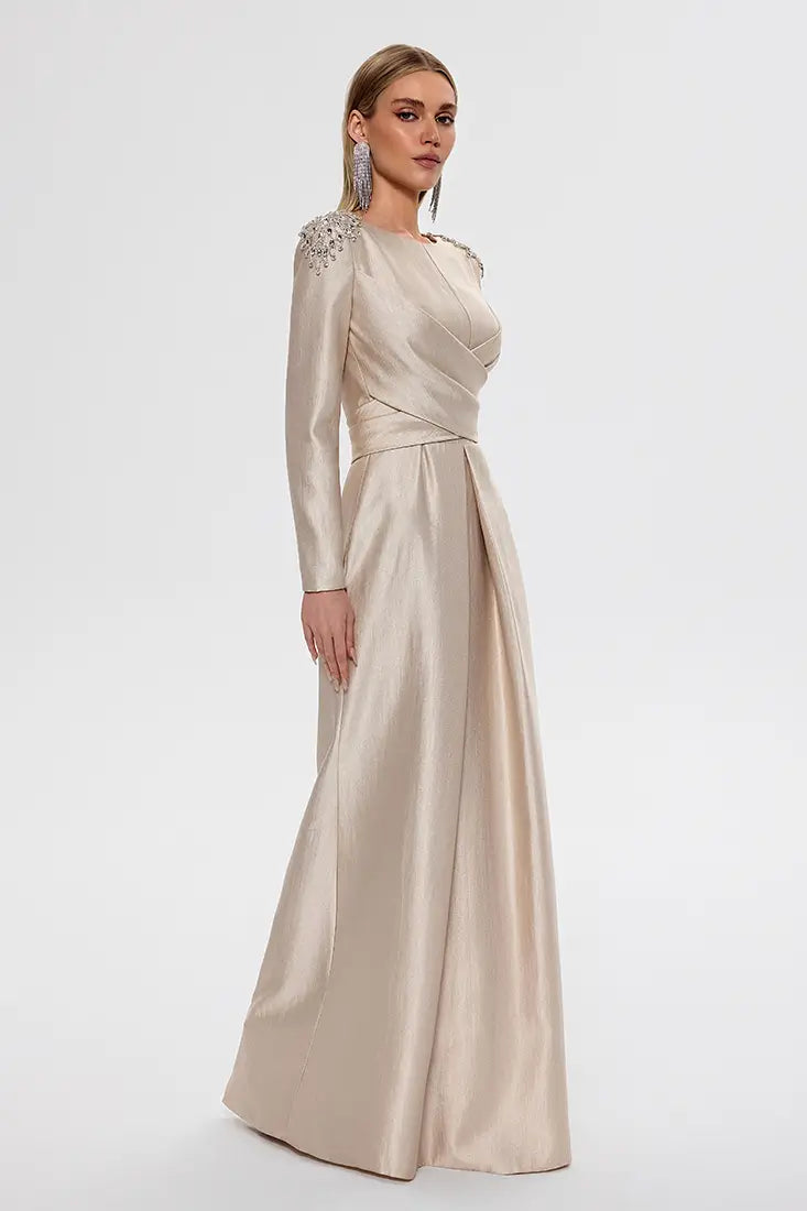 Crystal-Embellished Pearlescent Maxi Gown