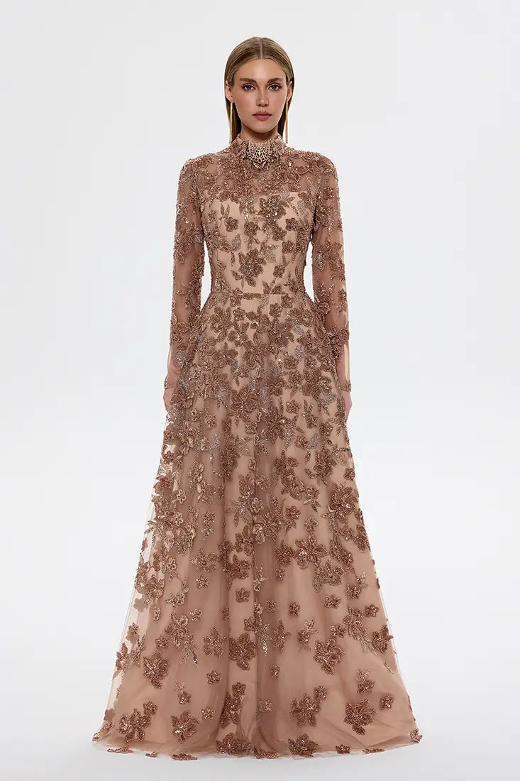 High-Neck Embroidered Maxi Dress