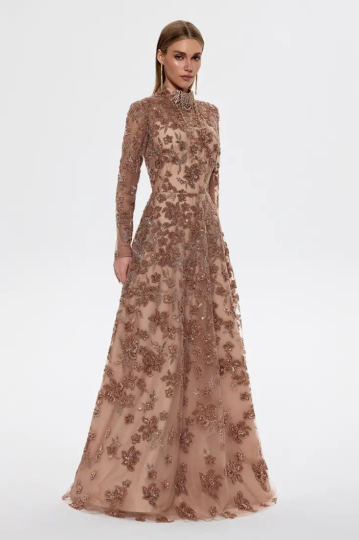 High-Neck Embroidered Maxi Dress