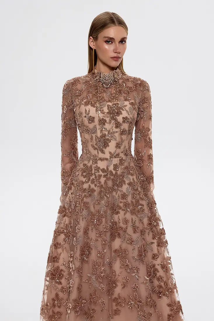 High-Neck Embroidered Maxi Dress