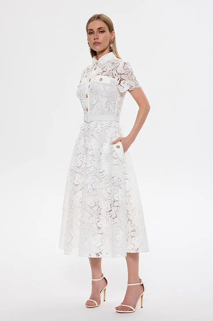 lace midi shirt dress Ivory Lace Belted Midi Shirt Dress Elegant Button Front Dress with Waist Belt