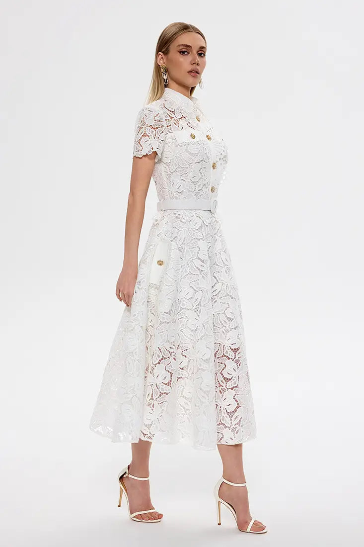shirt dress white Floral Lace Midi Shirt Dress White / XS