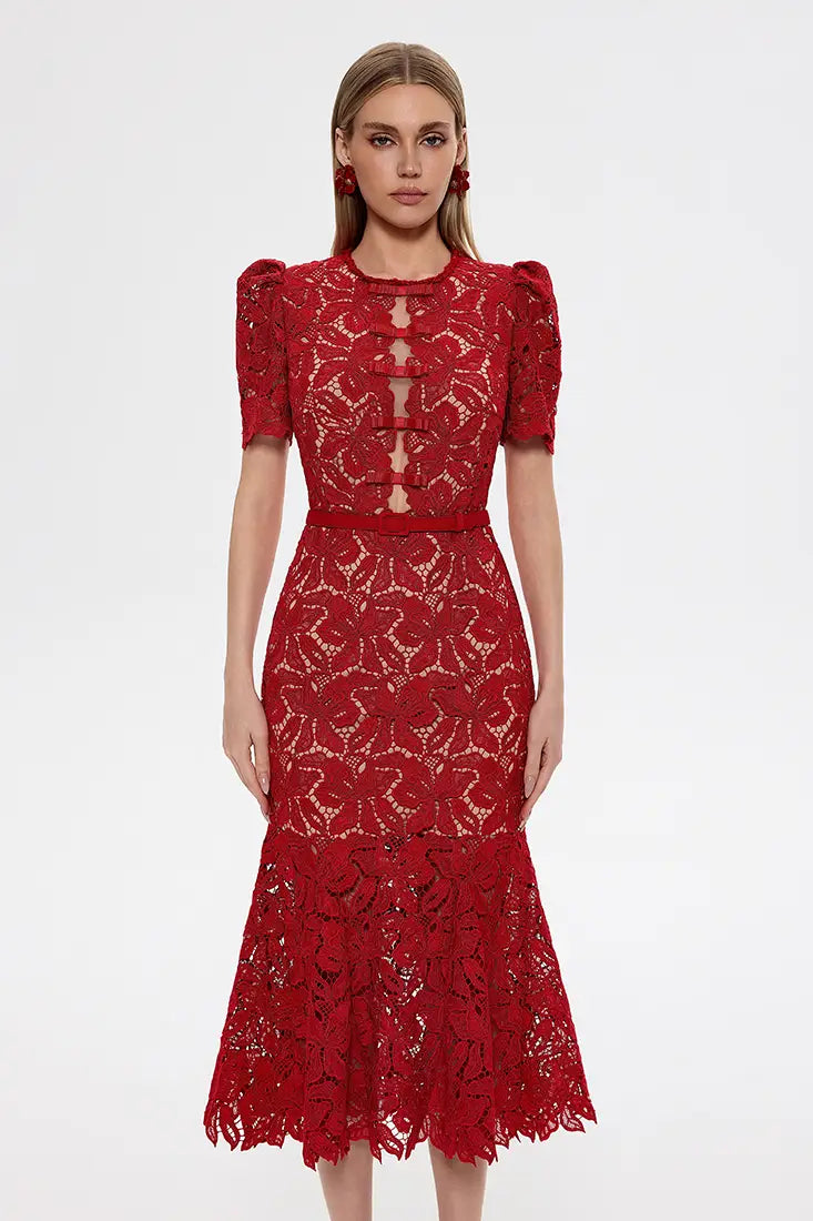 Embroidered Lace Mermaid Midi Dress