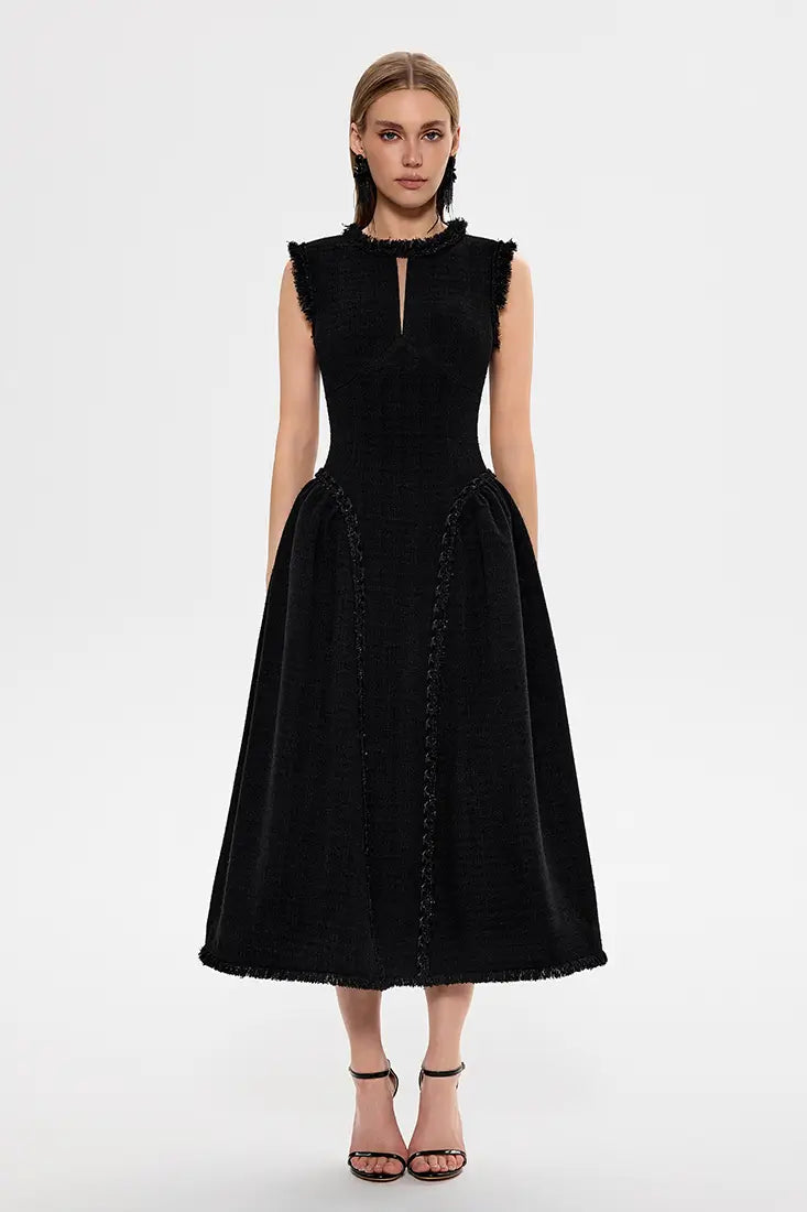 Sleeveless Flared Tweed Midi Dress