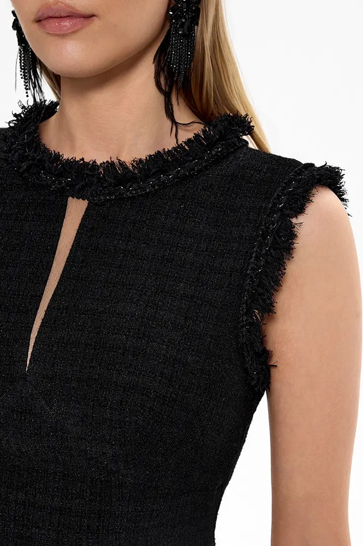 Sleeveless Flared Tweed Midi Dress