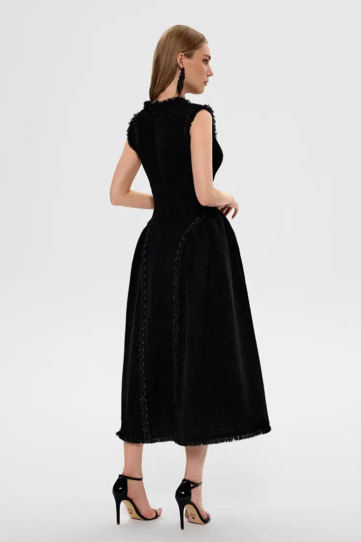 Sleeveless Flared Tweed Midi Dress