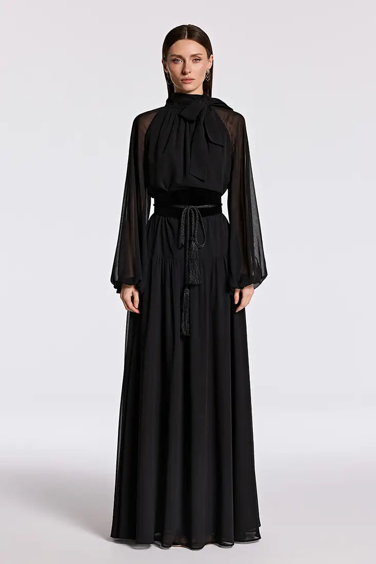 Pleated Tie-Neck Maxi Dress