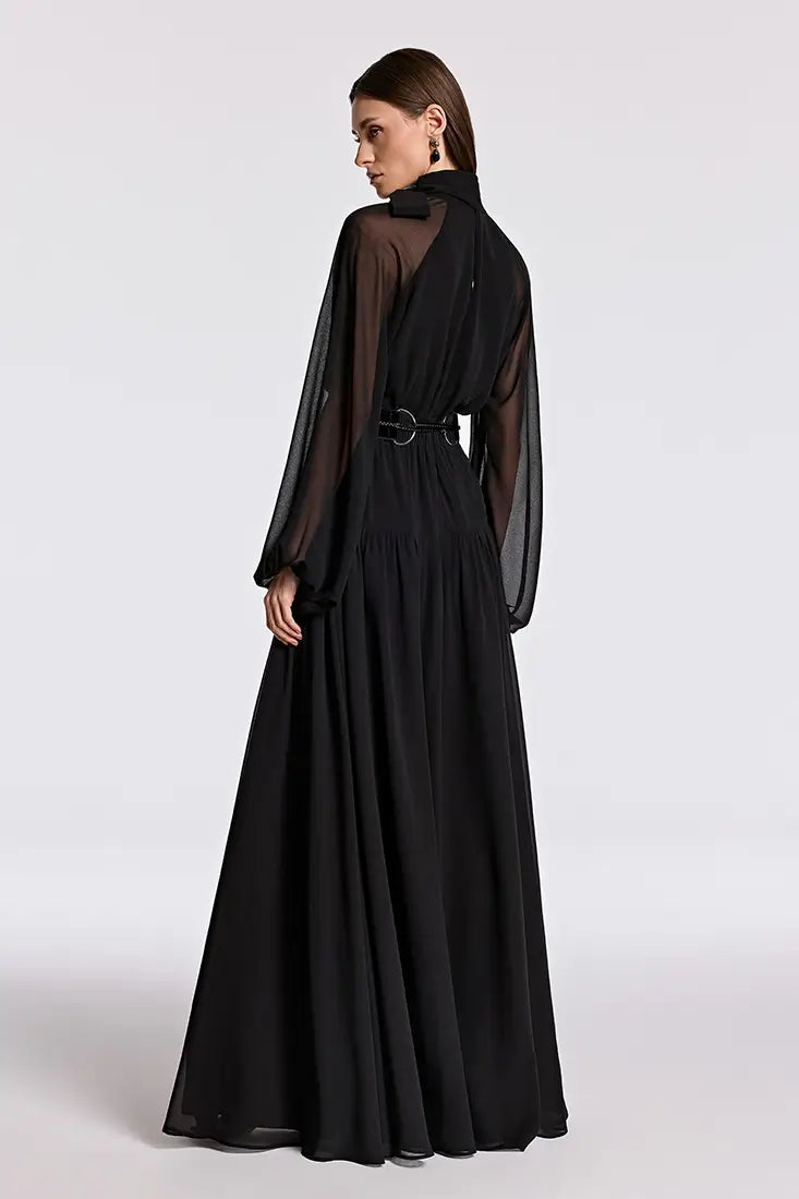 Pleated Tie-Neck Maxi Dress