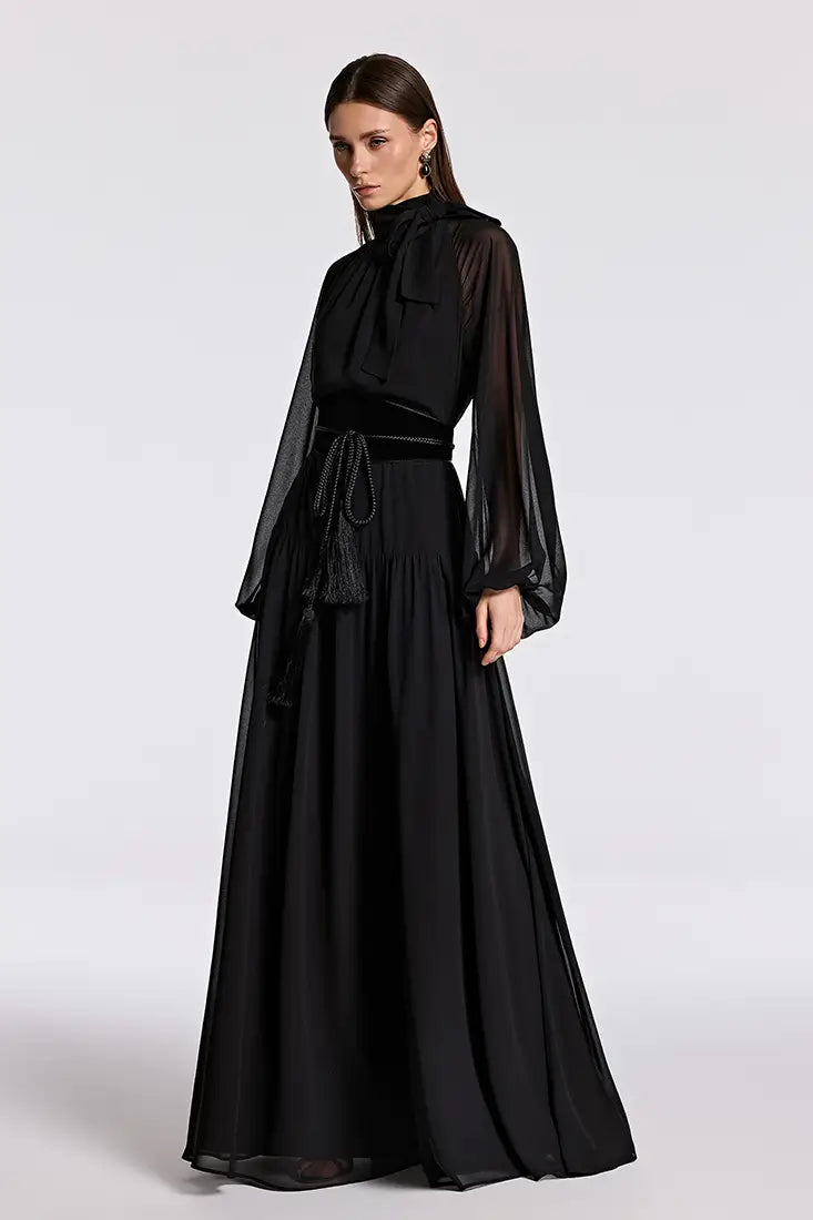 Pleated Tie-Neck Maxi Dress