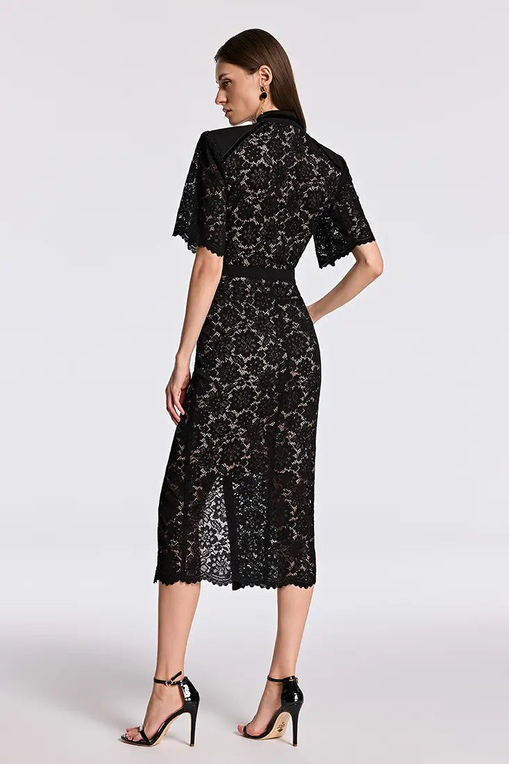 Crystal Button Guipure Midi Pencil Dress Black / L Crystal Button Guipure Midi Pencil Dress Black / L