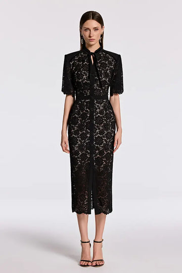 Crystal Button Guipure Midi Pencil Dress