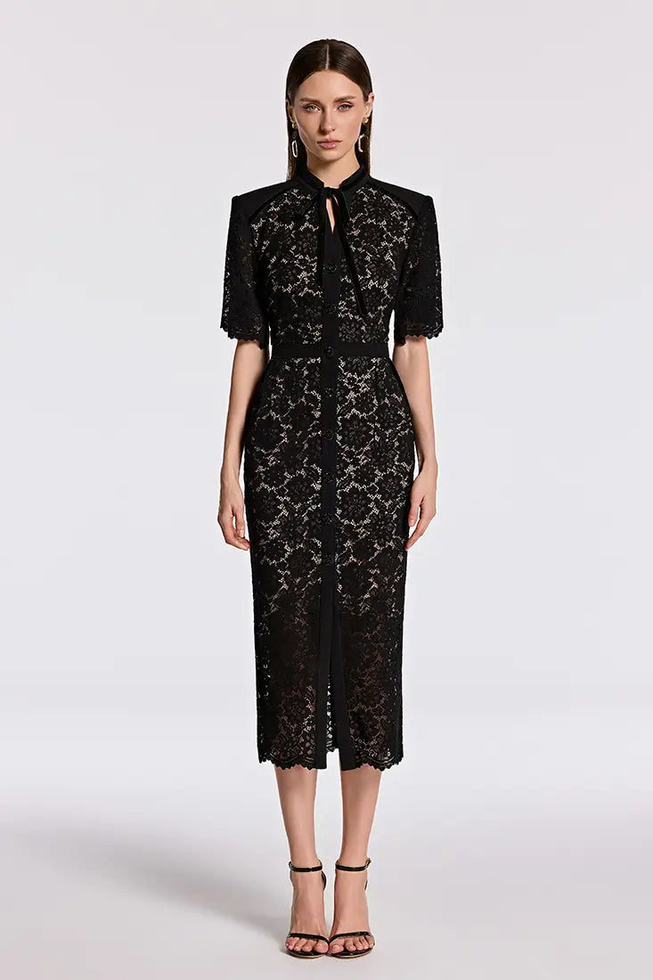 Crystal Button Guipure Midi Pencil Dress