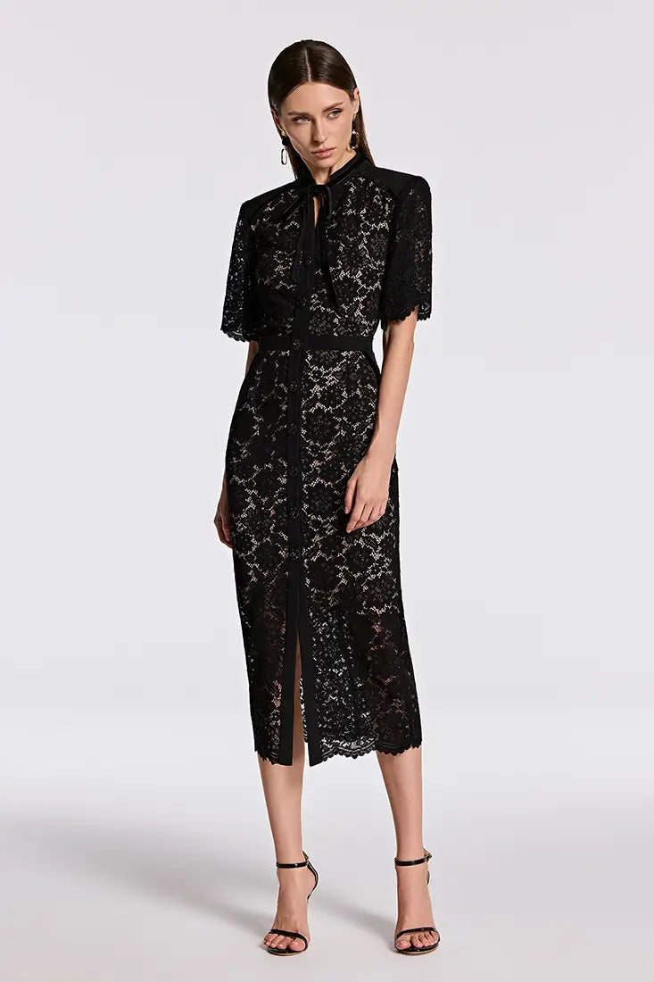 Crystal Button Guipure Midi Pencil Dress